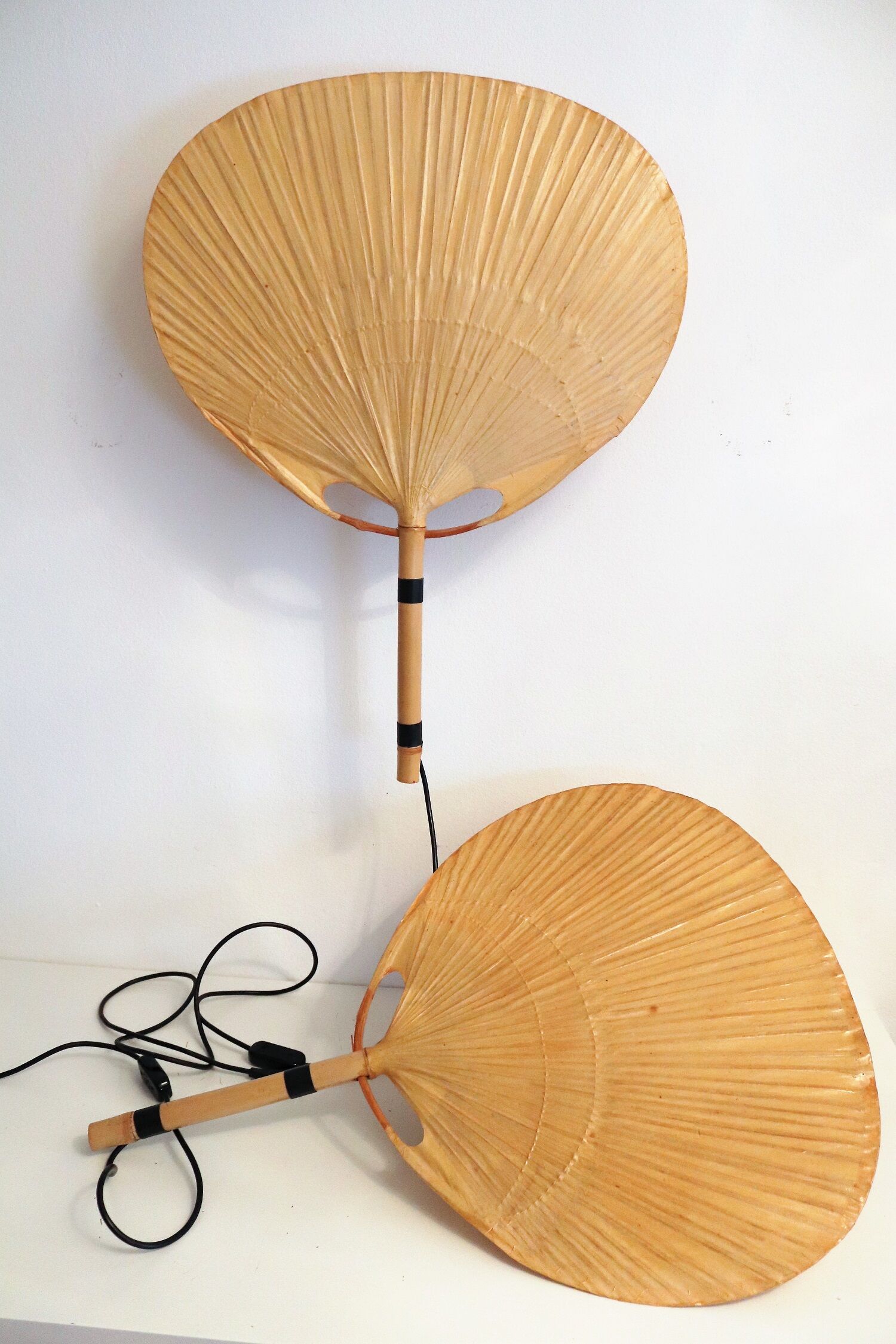 Set of 2 Uchiwa bamboo and rice paper wall lights by Ingo Maurer, Germany 1973