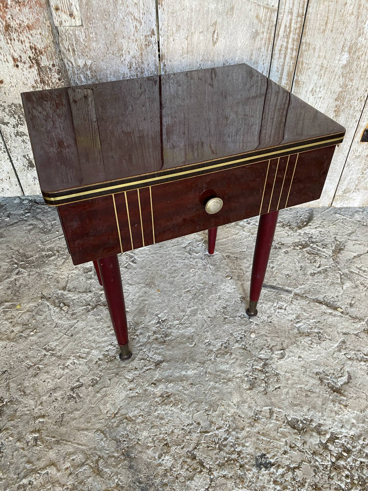 Antique Nightstand Lacquered Wood Drawer Mid-Century Vintage