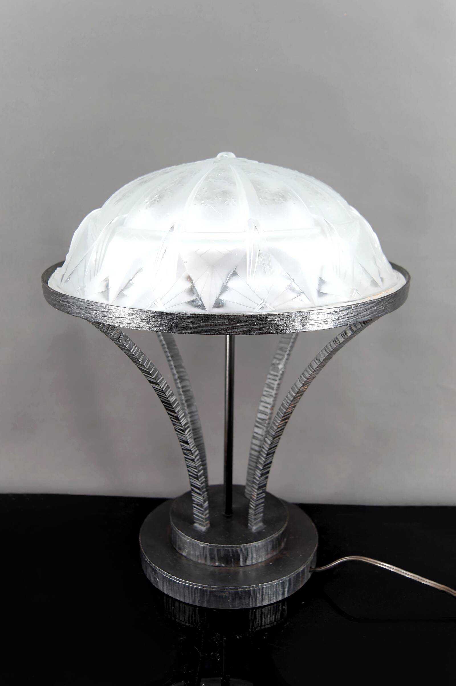 Important Art Deco Wrought Iron Lamp with Starry Glass Dome, c. 1930