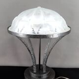 Important Art Deco Wrought Iron Lamp with Starry Glass Dome, c. 1930