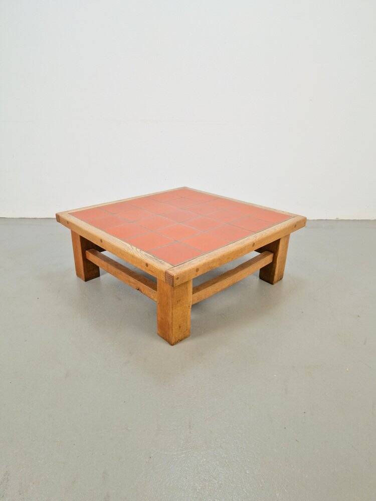 Brutalist Oak Coffee Table with Terracotta Tiles, 1950s