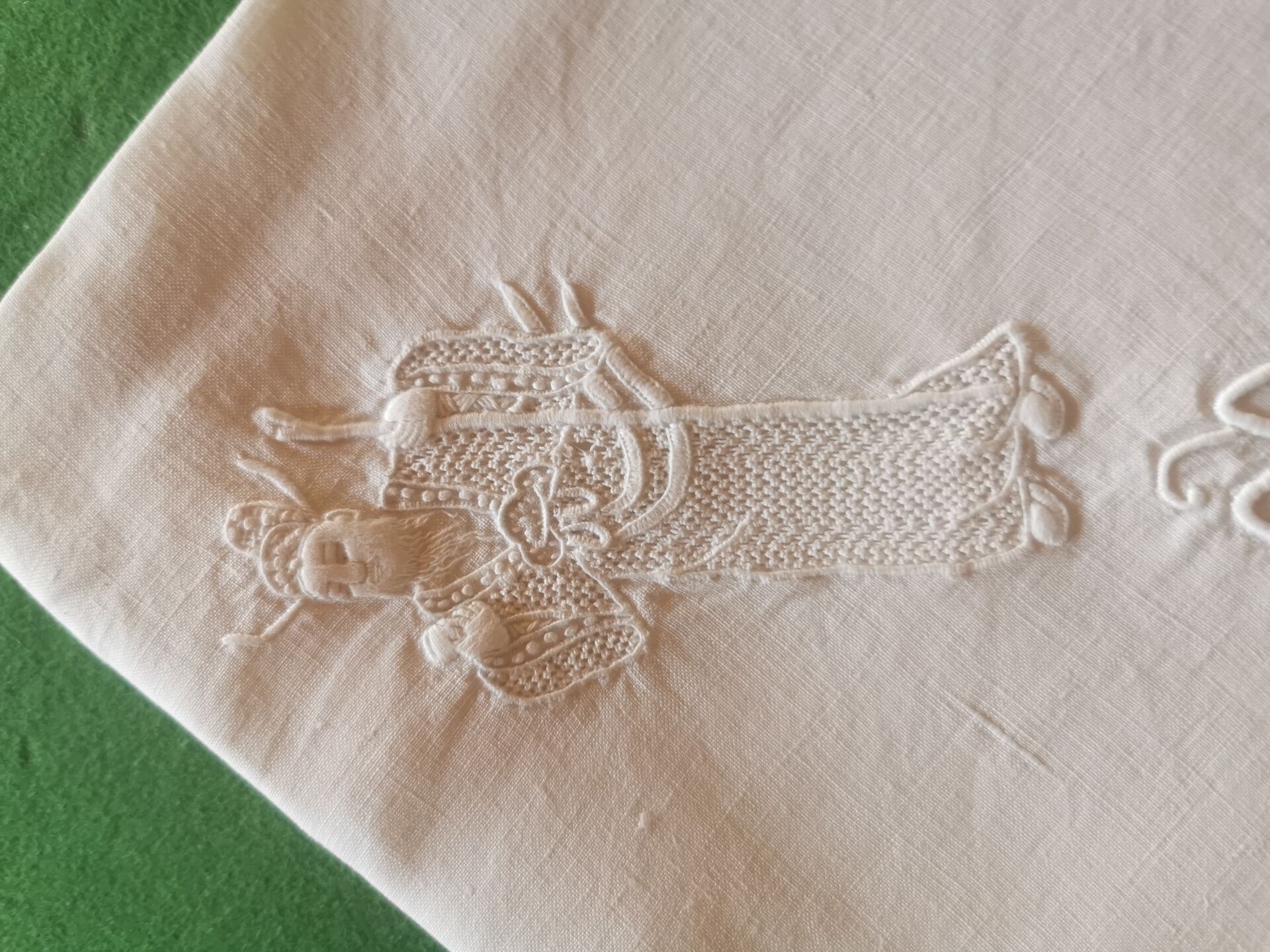 12 old damask linen napkins with a monogram