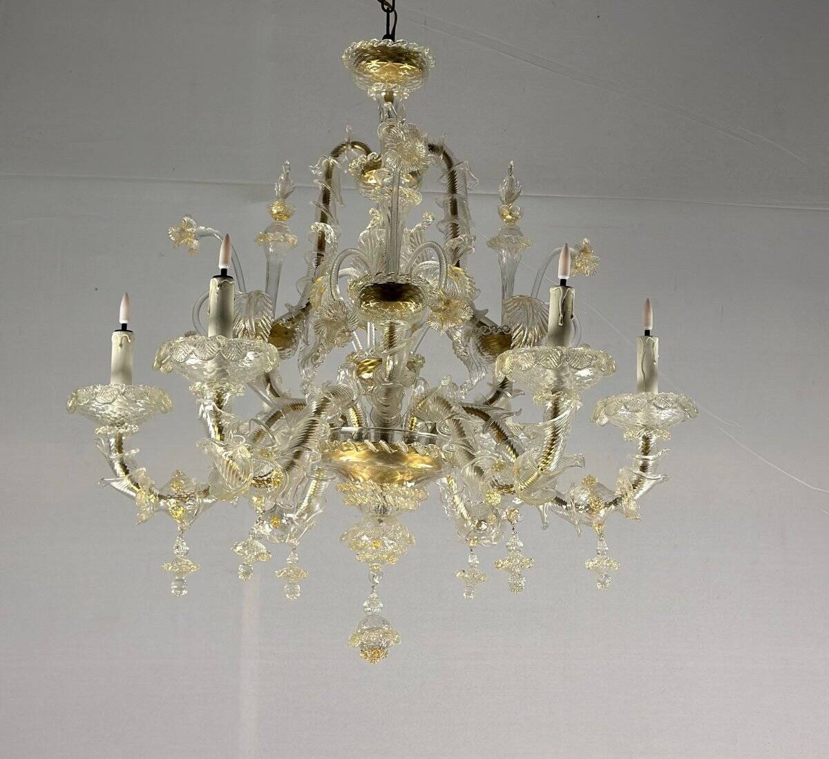 Venetian rezzonico chandelier in golden murano glass, 6 arms of light circa 1930