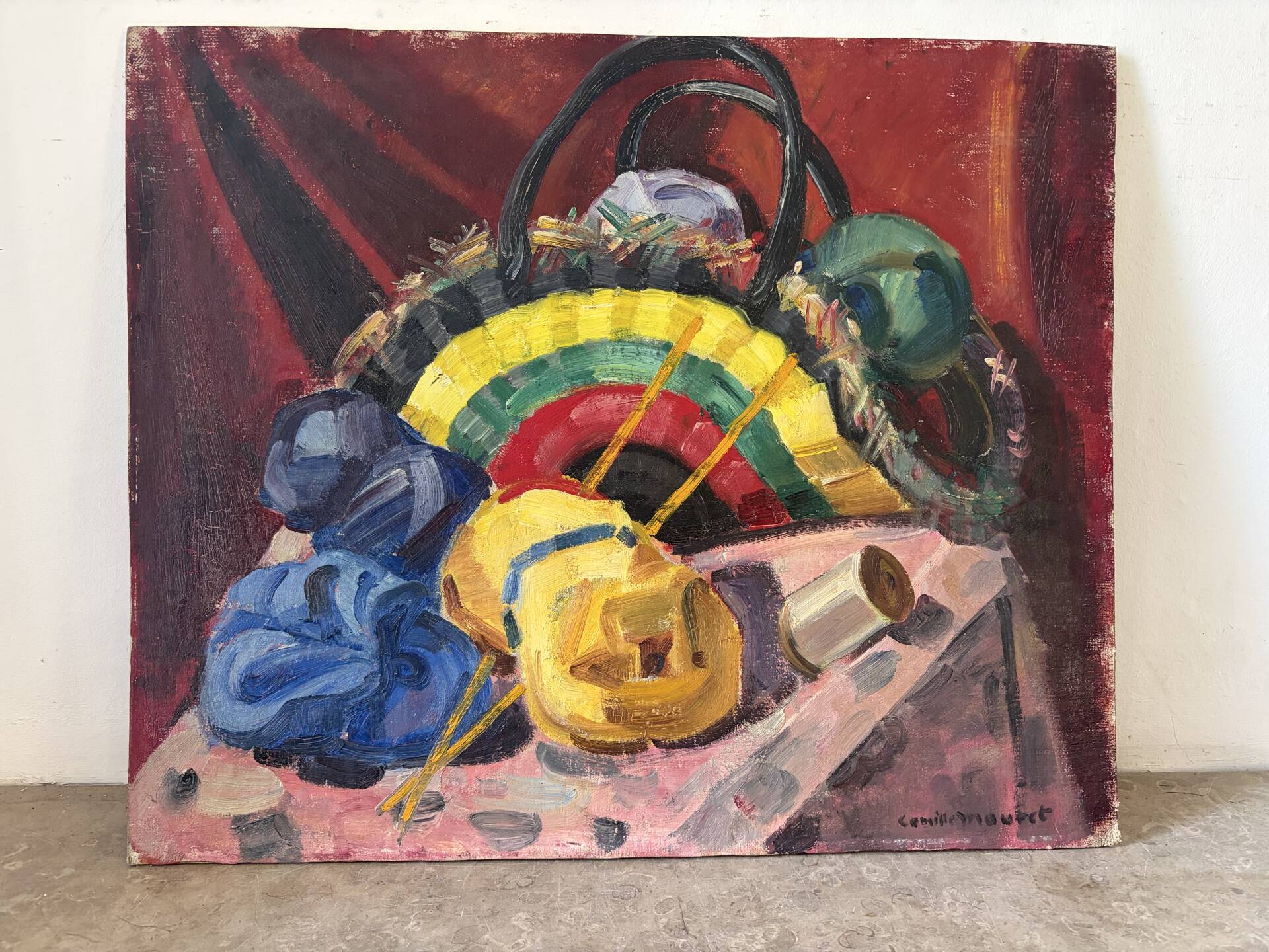The wool basket, still life signed by Camille Mouret.