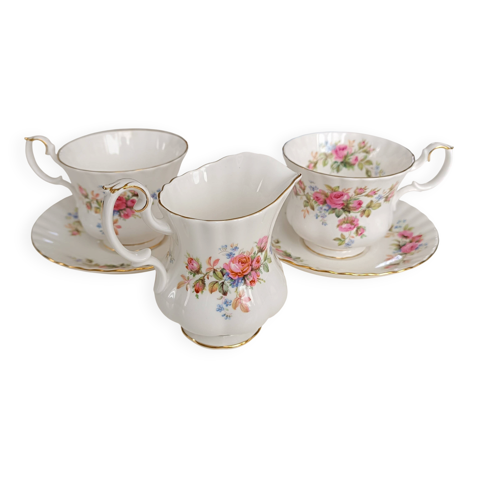 Royal Albert English porcelain set of 2 cups, saucers, and milk jug.