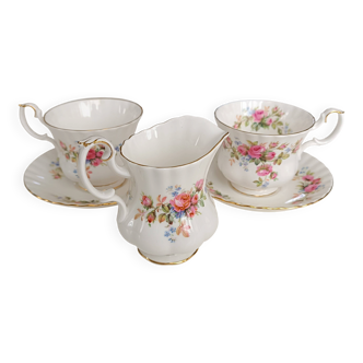 Royal Albert English porcelain set of 2 cups, saucers, and milk jug.