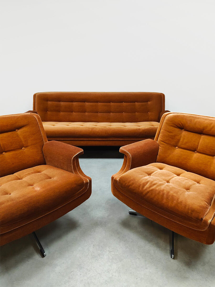 Midcentury lounge set swivel armchairs & sofa 'Madmen style'