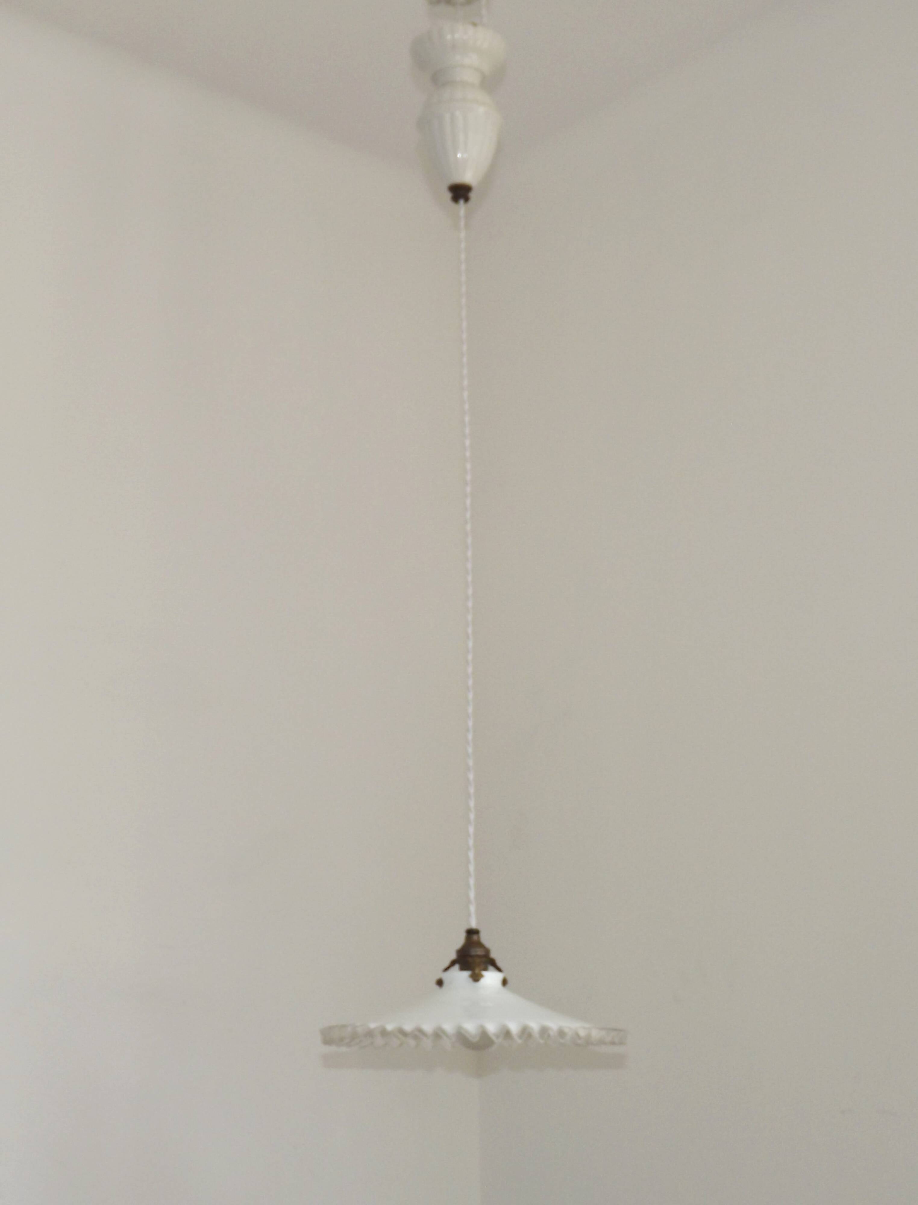 French Counter Balance Ceiling Light White Porcelain & Opaline Glass Shade