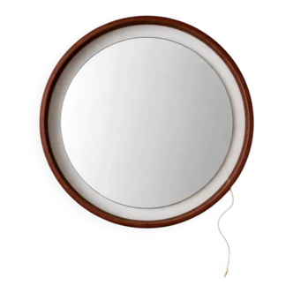 Rare Round Illuminated Teak Mirror from the 1960s