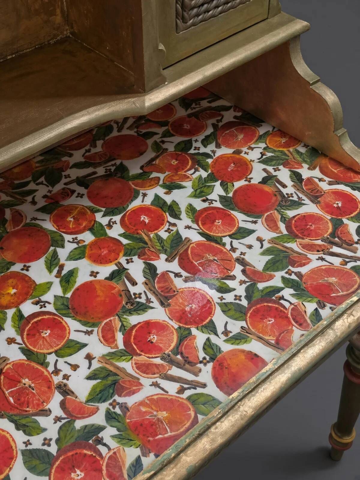Antique Norwegian secretary desk | Restored gold & green fruit decoupage