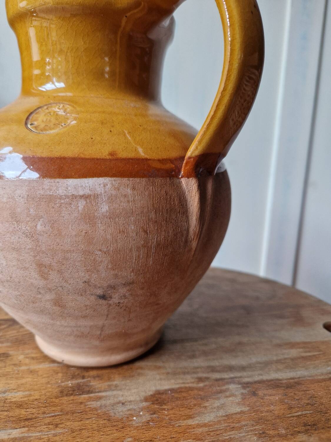 Antique glazed terracotta pitcher, brown semi-glazed jug, vase