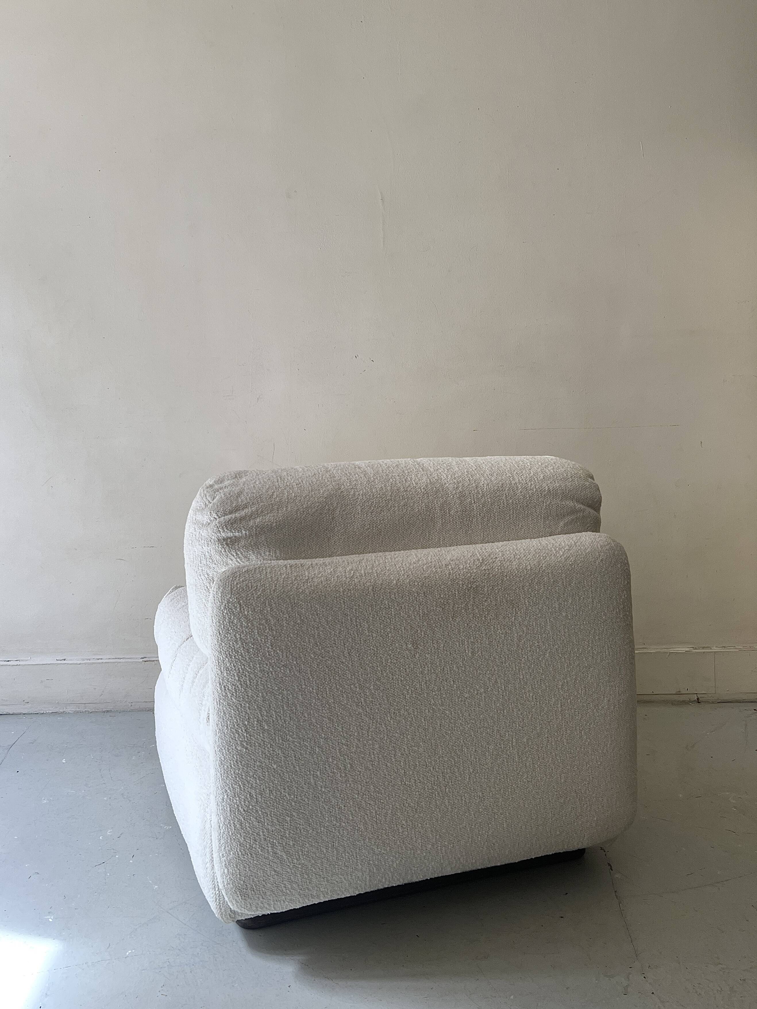 Italian off-white chenille armchair with a wooden base, 1970s design.