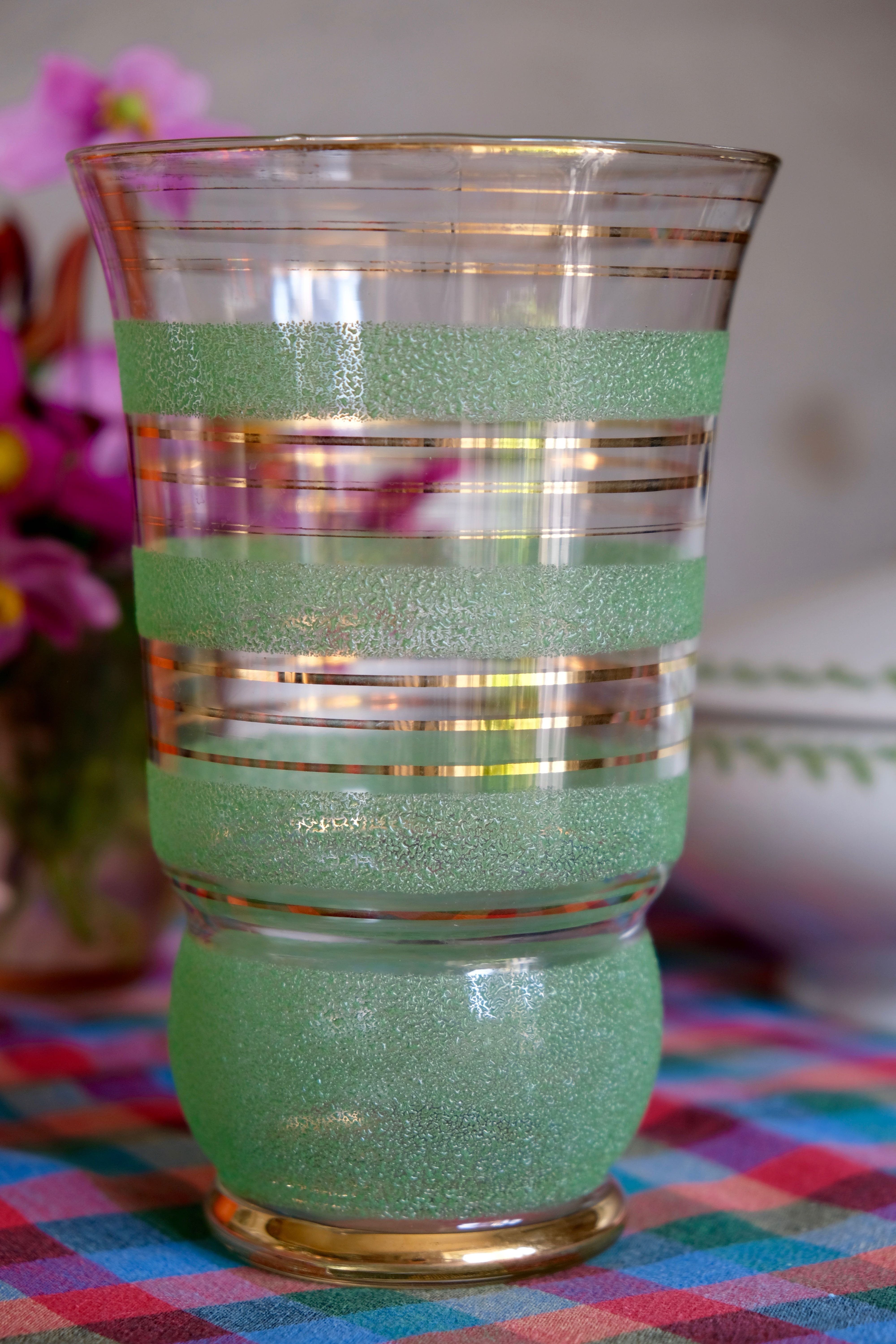 Granite glass vase almond green and golden 1950