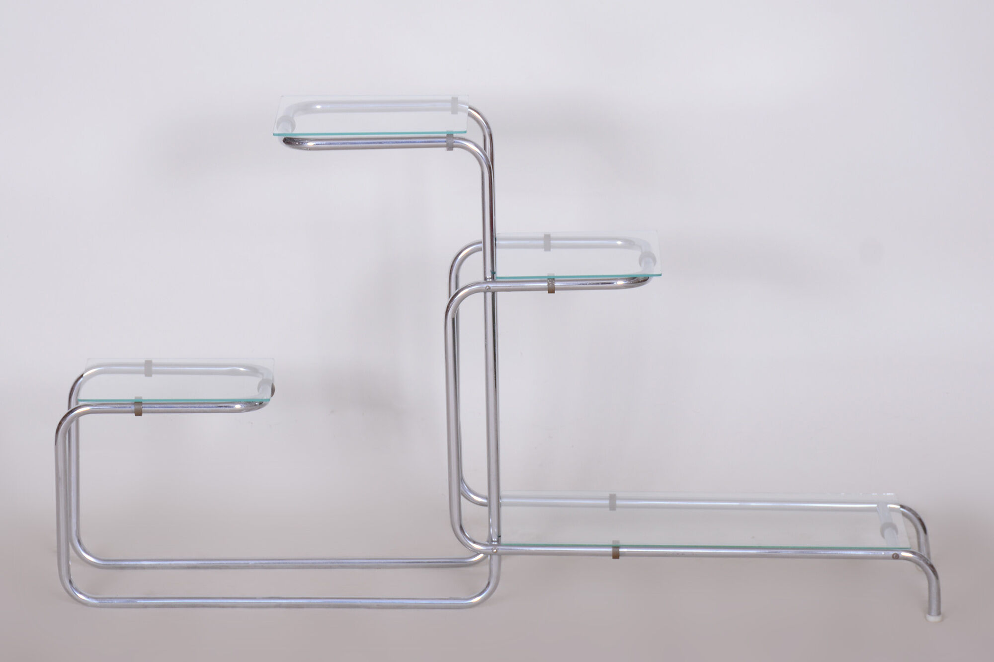 unusual bauhaus style chrome étagère, flower stand, glass, czechia, 1930s