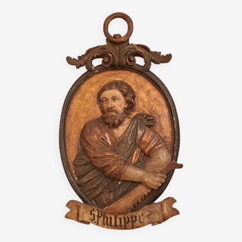 Haut relief Saint-Philippe en bois polychrome