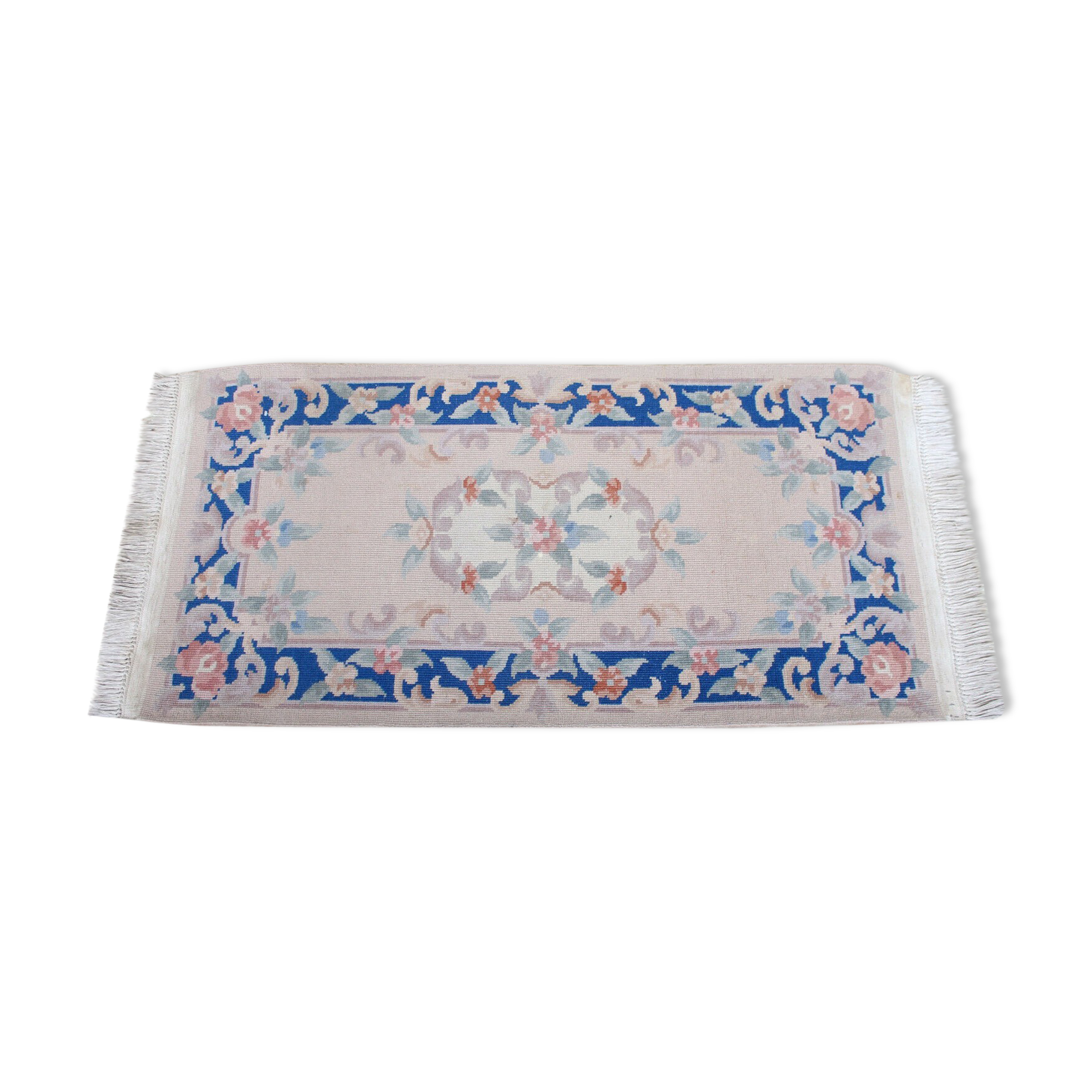 Chinese fringe rug with floral pattern on blue and beige background 63x143cm