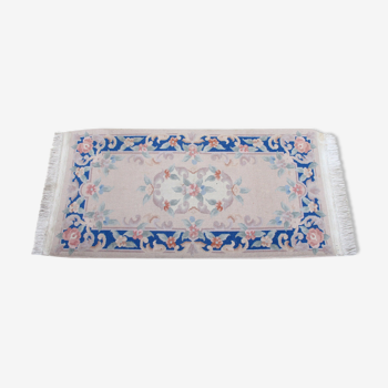 Chinese fringe rug with floral pattern on blue and beige background 63x143cm