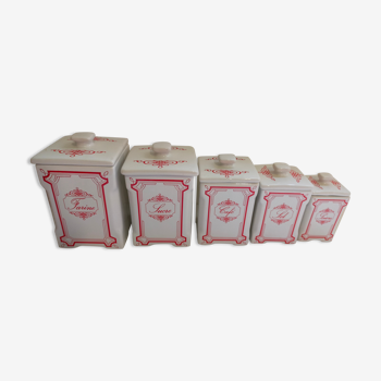 Série de 5 pots à épices en porcelaine Art déco rouge et blanc vintage comme neufs