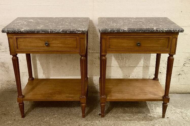 Louis XVI style bedside tables in solid walnut and grey marble