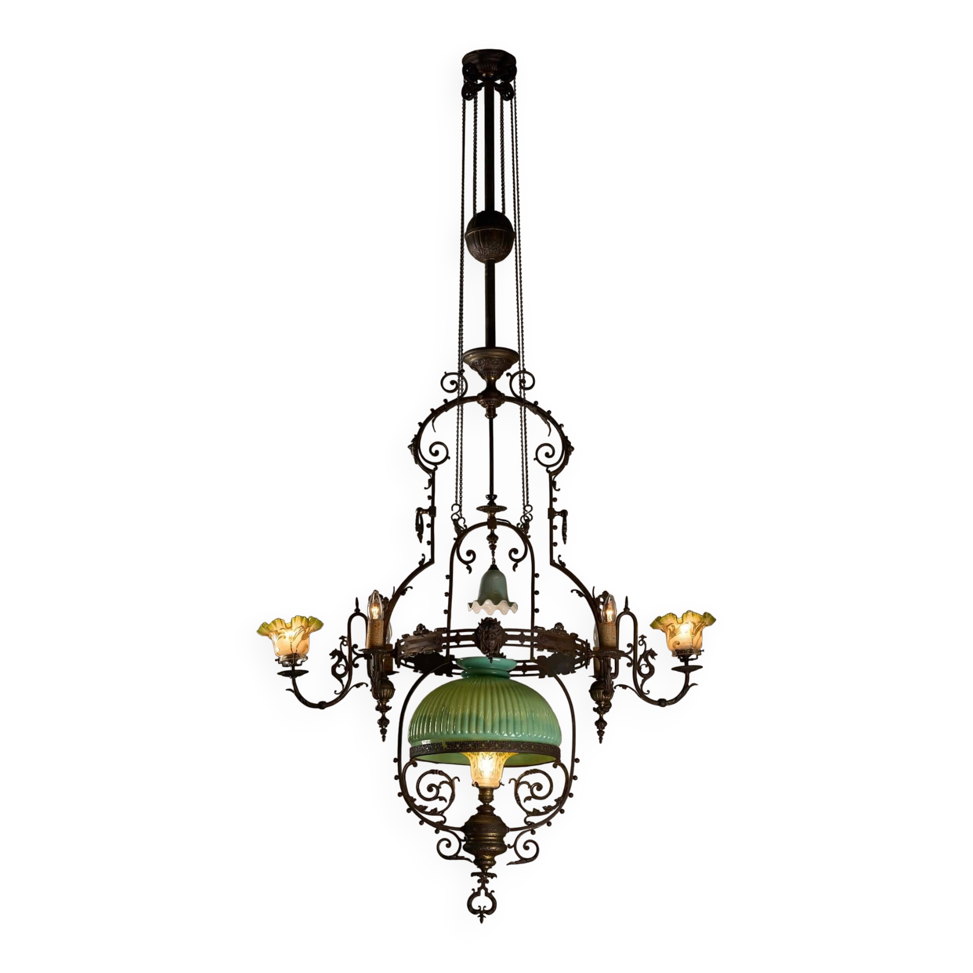 Antique adjustable height chandelier with original glasswork and brass detailing