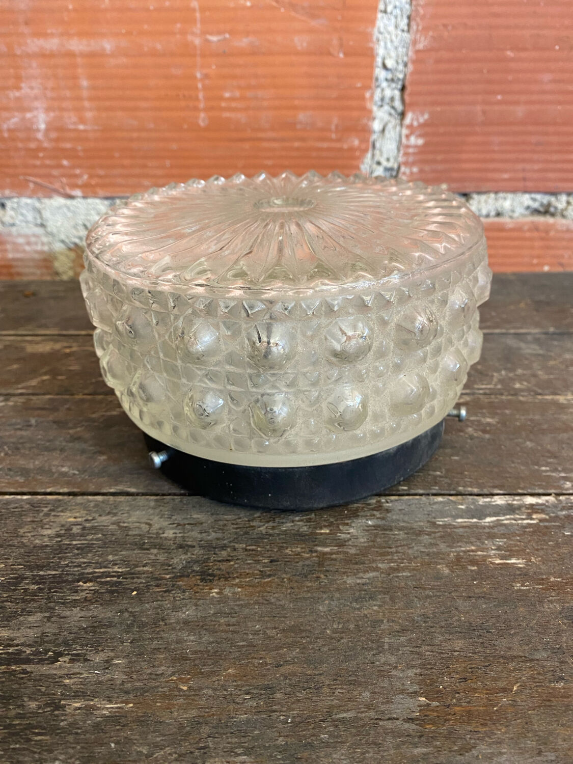 Vintage Black Metal Support + Moulded Glass Ceiling Light Fixture