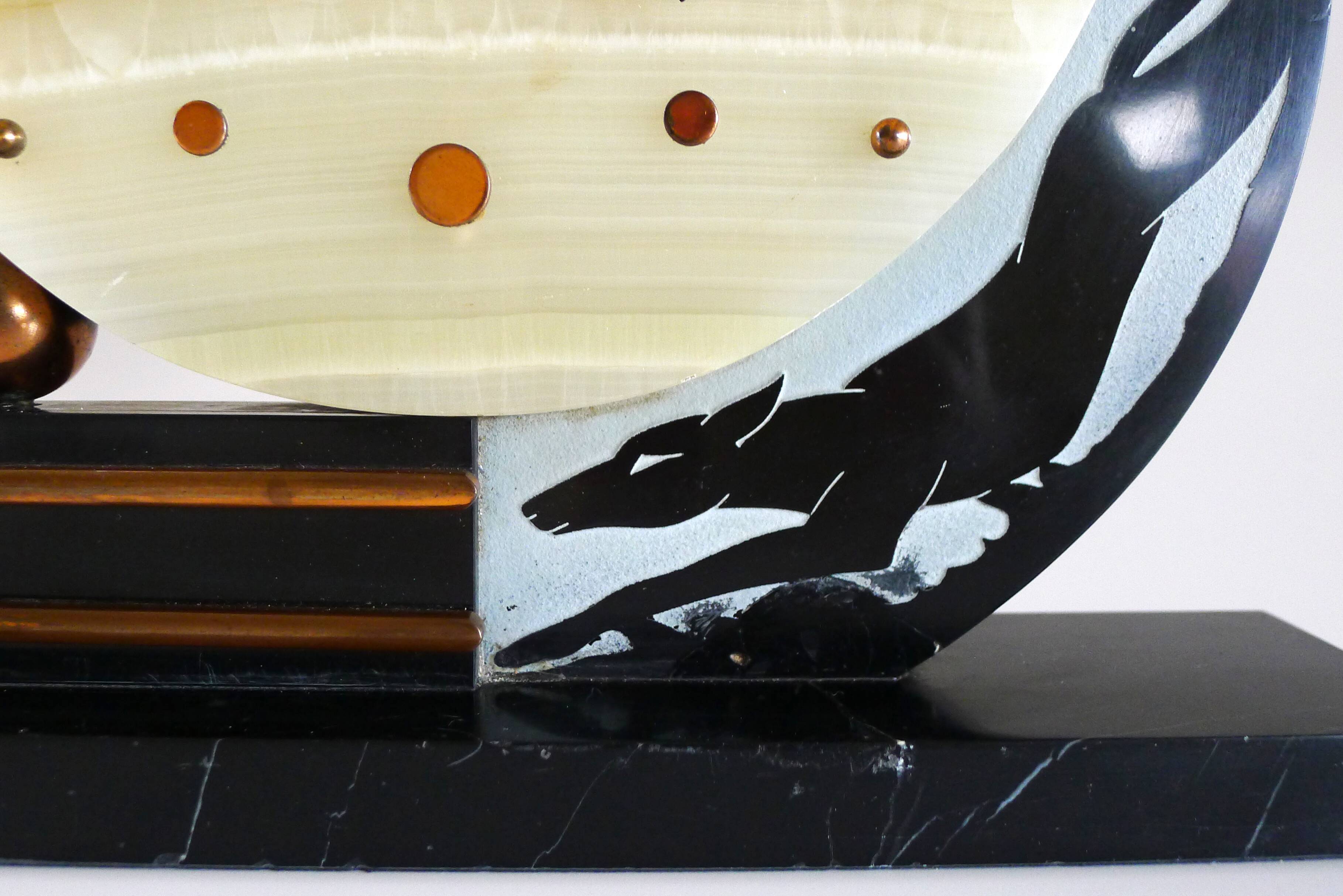 Art deco clock greyhound, marble and copper