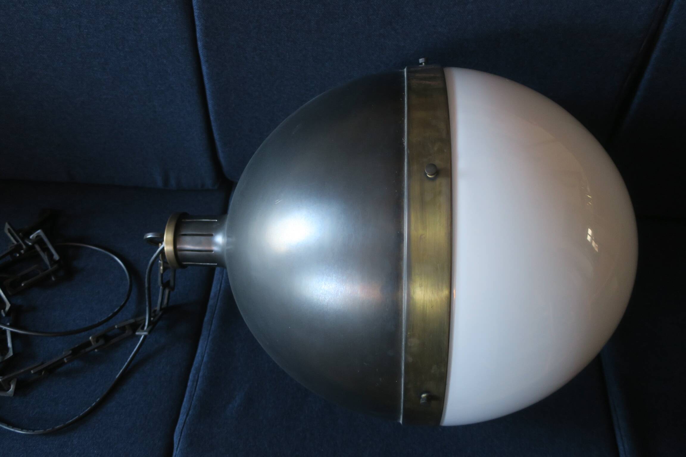 Large Hicks bronze and glass ball pendant light, USA