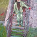 Oil on canvas - landscape with character, fauvism style, signed ROUYI 77