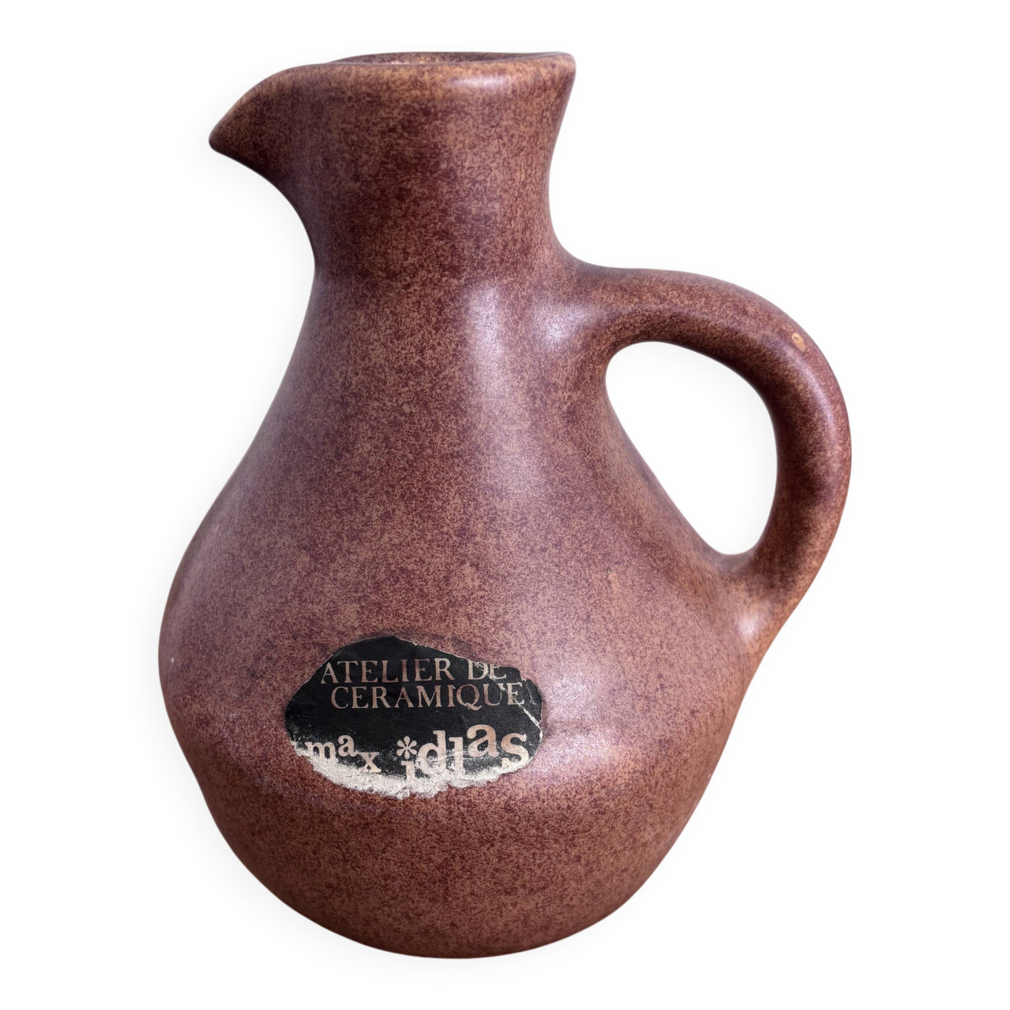 Vintage brown ceramic pitcher signed Max Idlas.