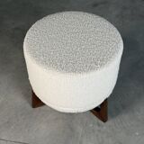 Totemo stool by forme, ivory dedar bouclé upholstery, walnut legs