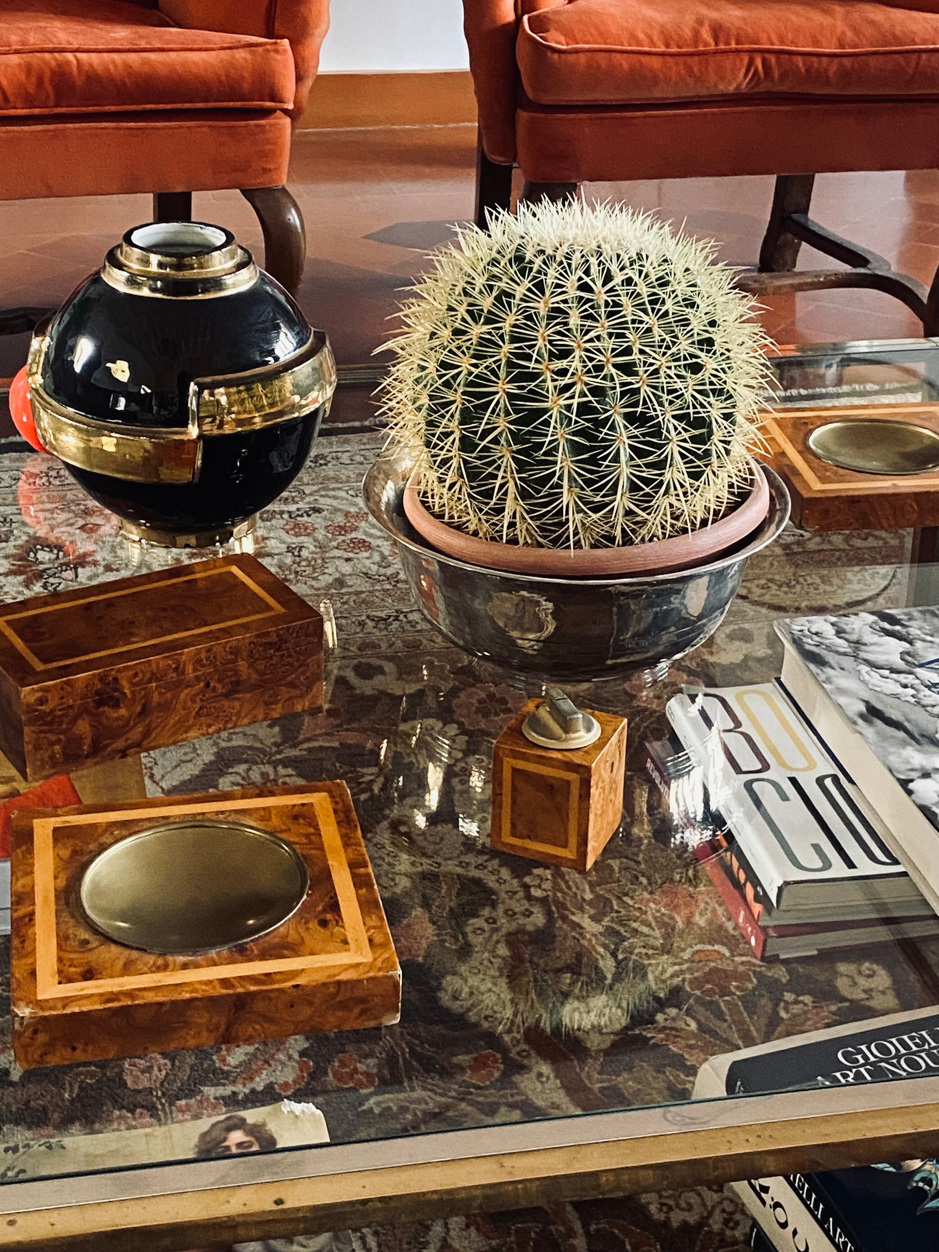 Smoking Set, brass and wood ashtrays, lighter and cigars box, Italy 1970