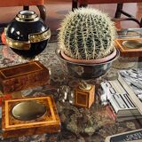 Cendriers en laiton et bois, briquet et boîte à cigares, italie 1970