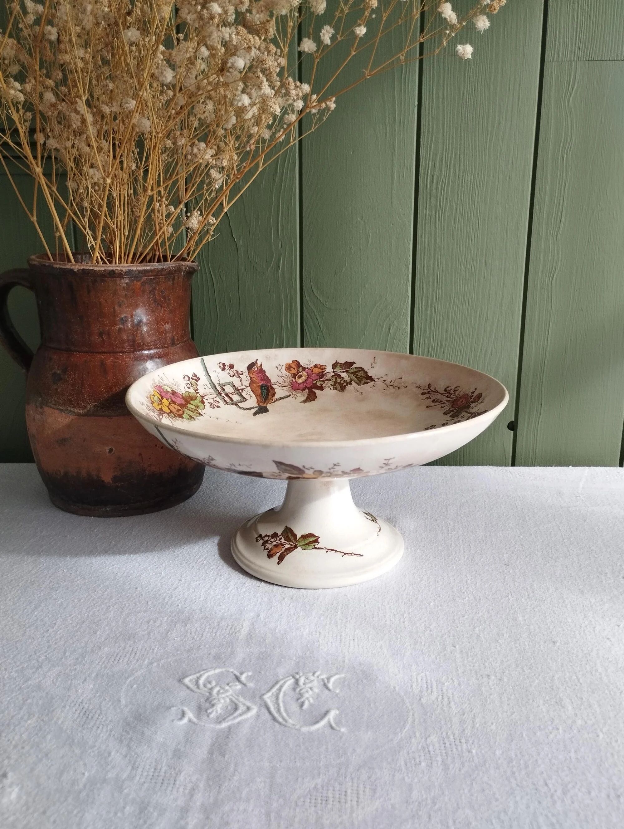 Ironstone compote E. Bourgeois Grand Dépôt Birds