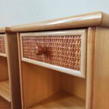 Pair of vintage bedside tables in wood and rattan.