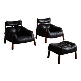 Percival Lafer MP-81 lounge chairs with ottoman in black leather, Brazil 1970s
