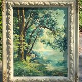 Oil on canvas, Cows drinking in a shady river in beautiful molded frame signed Wassang