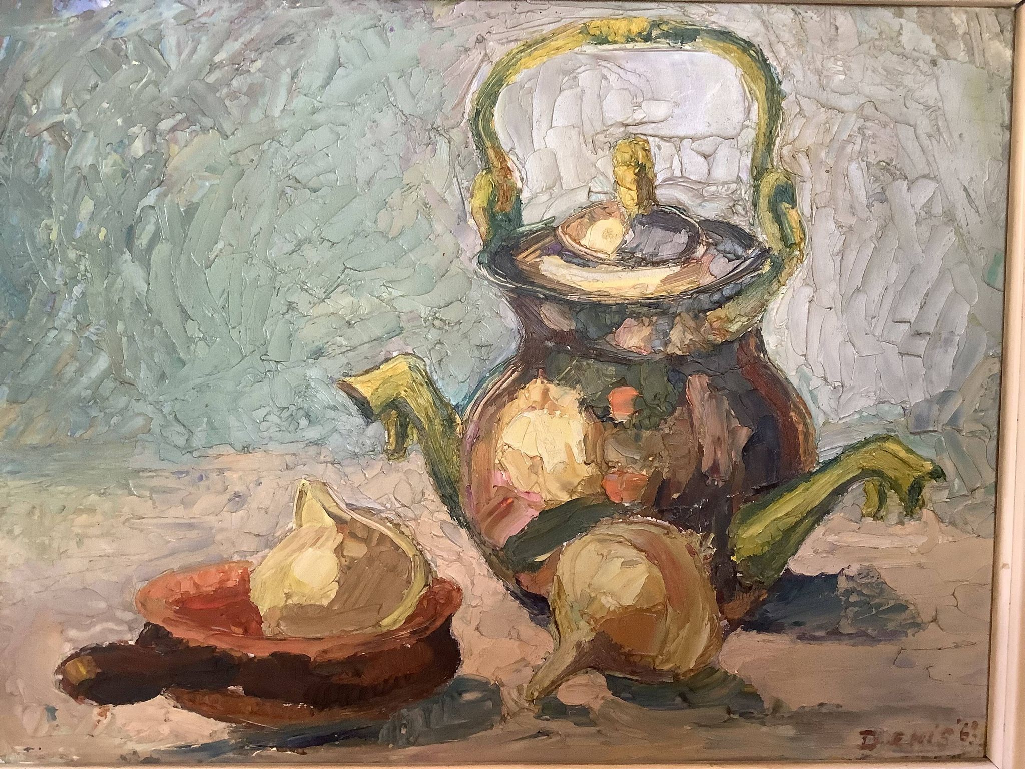 Tableau nature morte au couteau sur carton signé