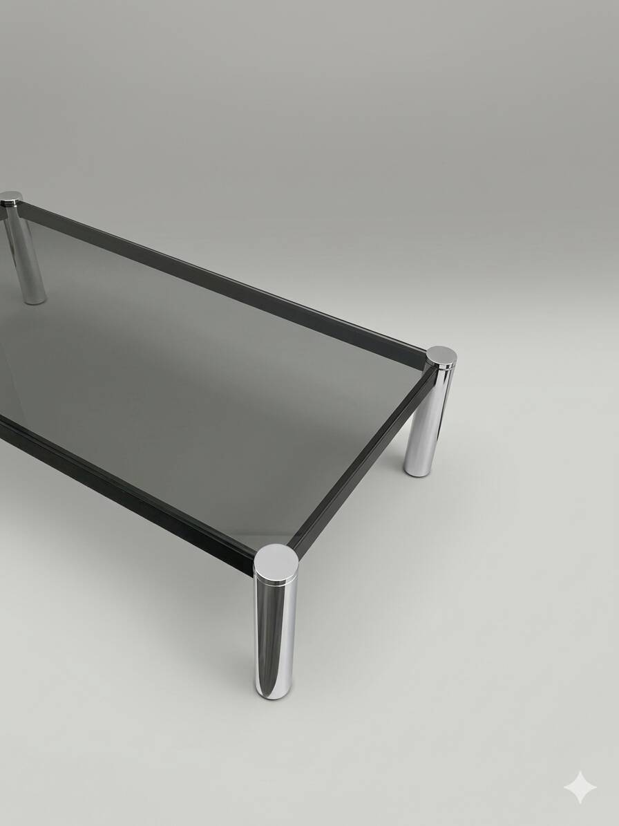 Large smoked glass and chrome coffee table 120 cm – vintage design