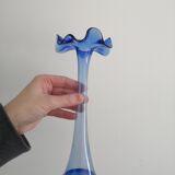 Vase bleu cobalt vintage bord onduler - verre souffle