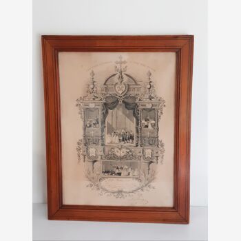 Gravure ancienne 1897 , vintage français , tableau souvenir de communion , cadre pichpin à filet