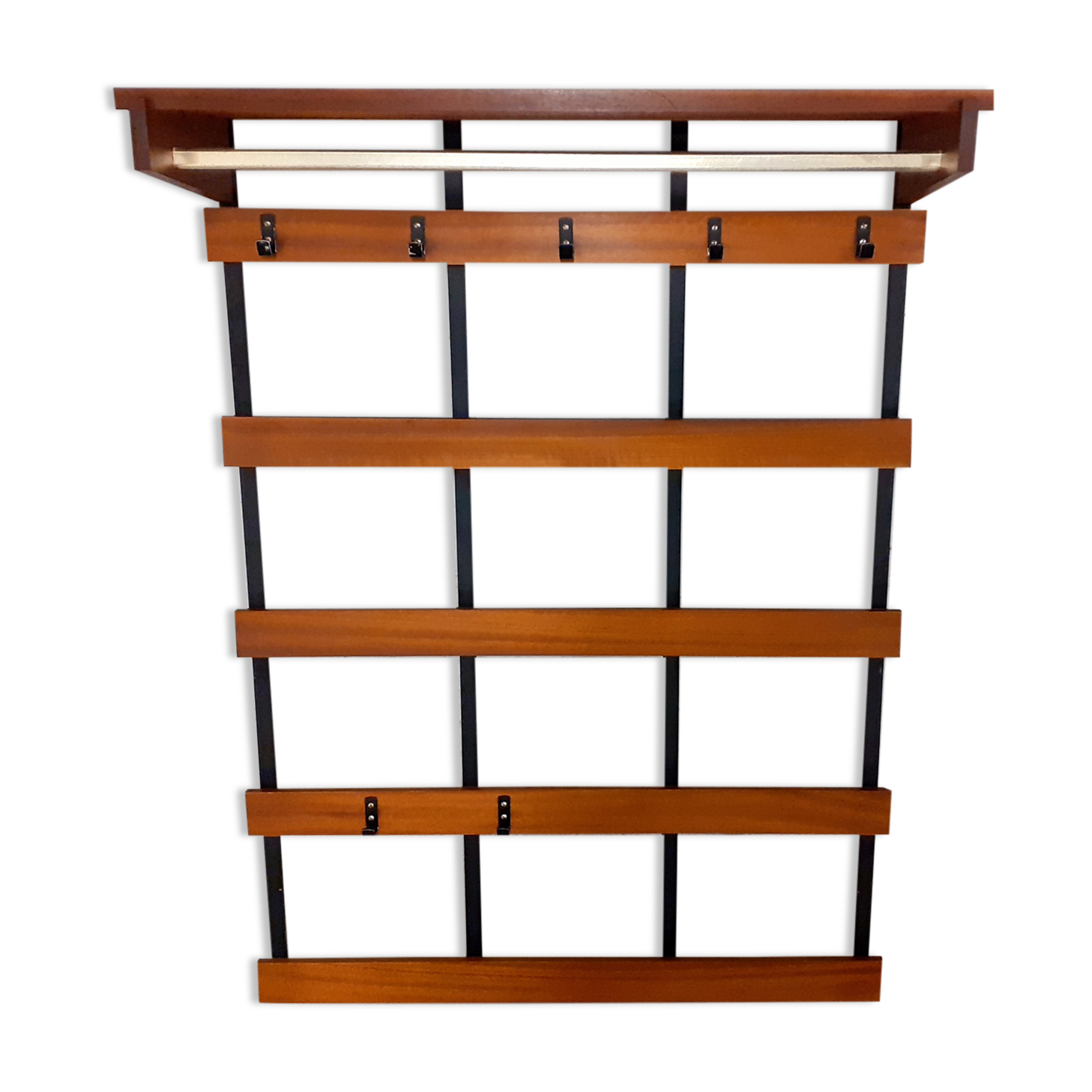 Wall coat rack in teak and vintage black metal