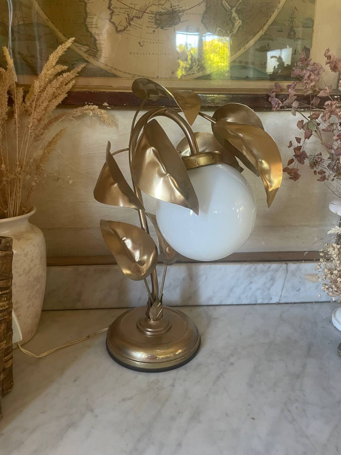 70s gold metal and opaline lamp