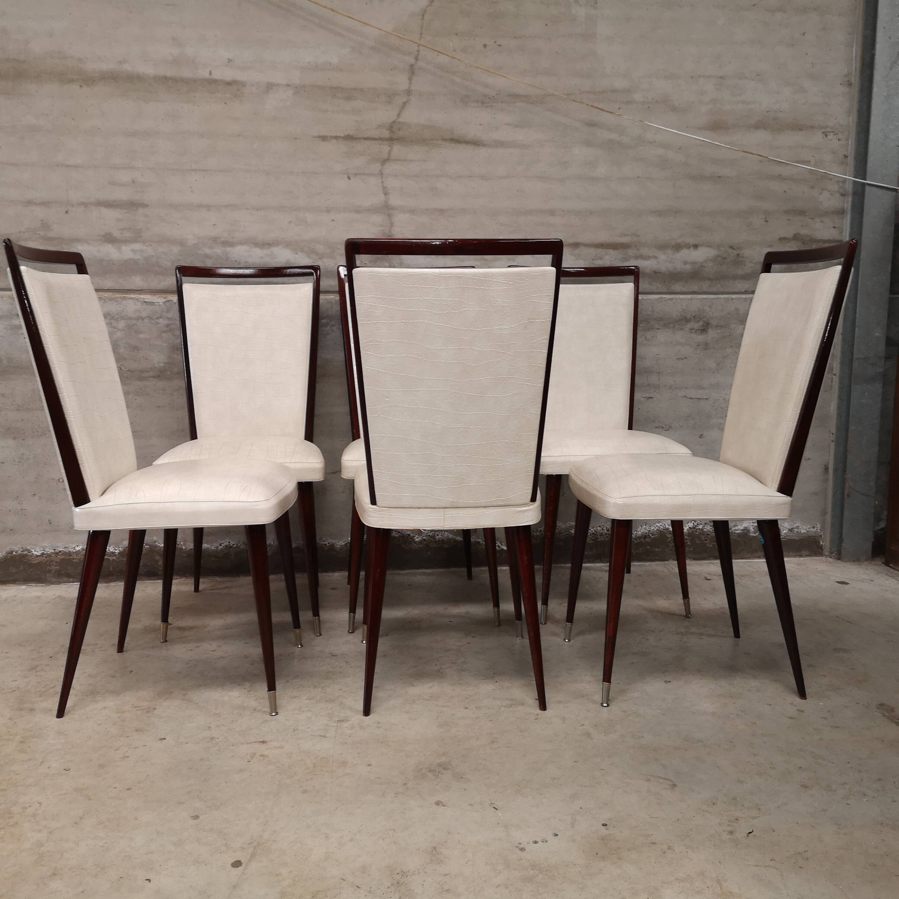 6 white leatherette and mahogany art deco style chairs, 1950