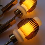 Pair of Scandinavian wall sconces, brass, opal glass and amber glass.