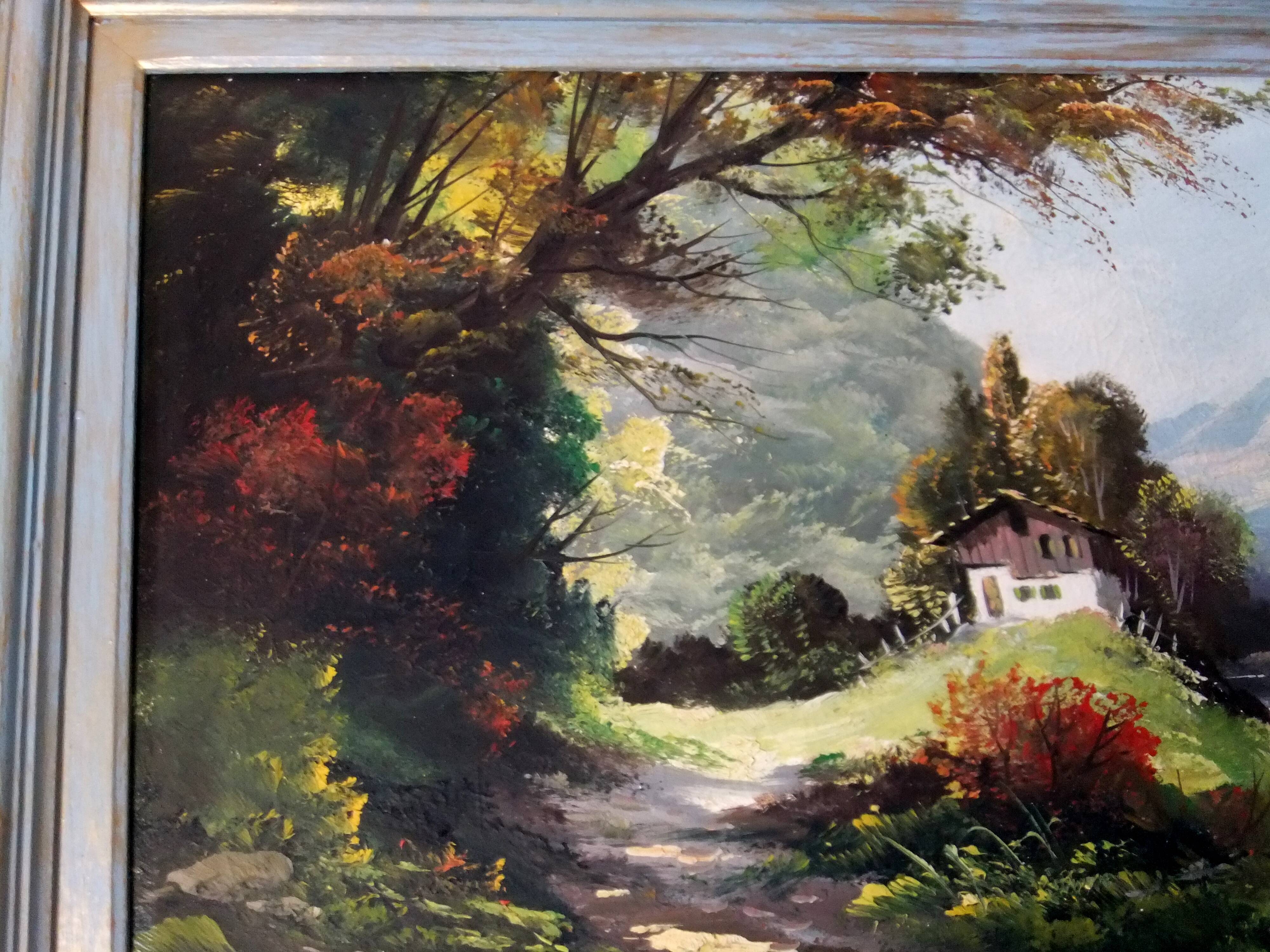 Tableau peinture à l'huile paysage signé Vernon cadre bleu gustavien et or