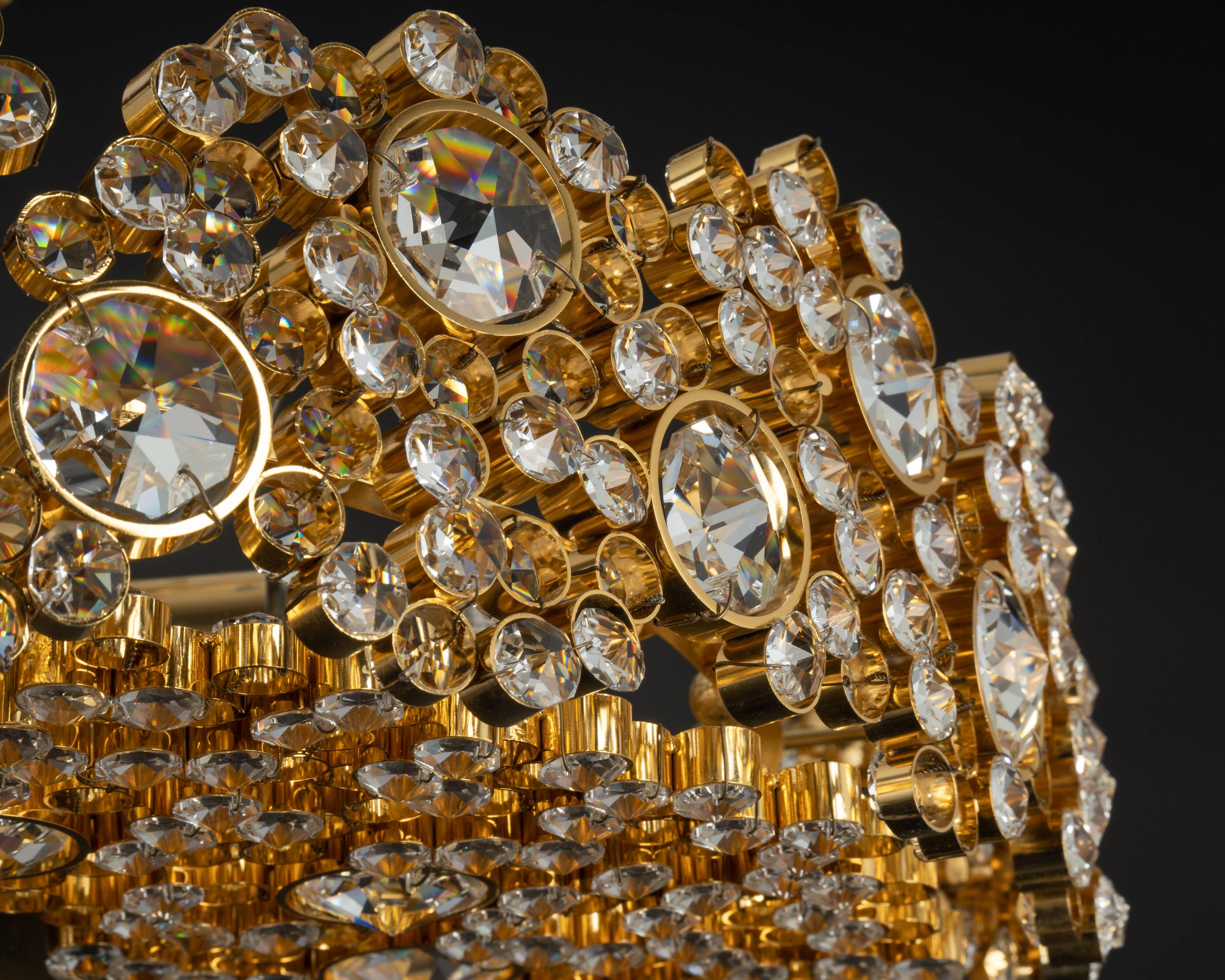 Chandelier in gilded brass and crystal glass inlaid by Palwa, Germany, 1970s.