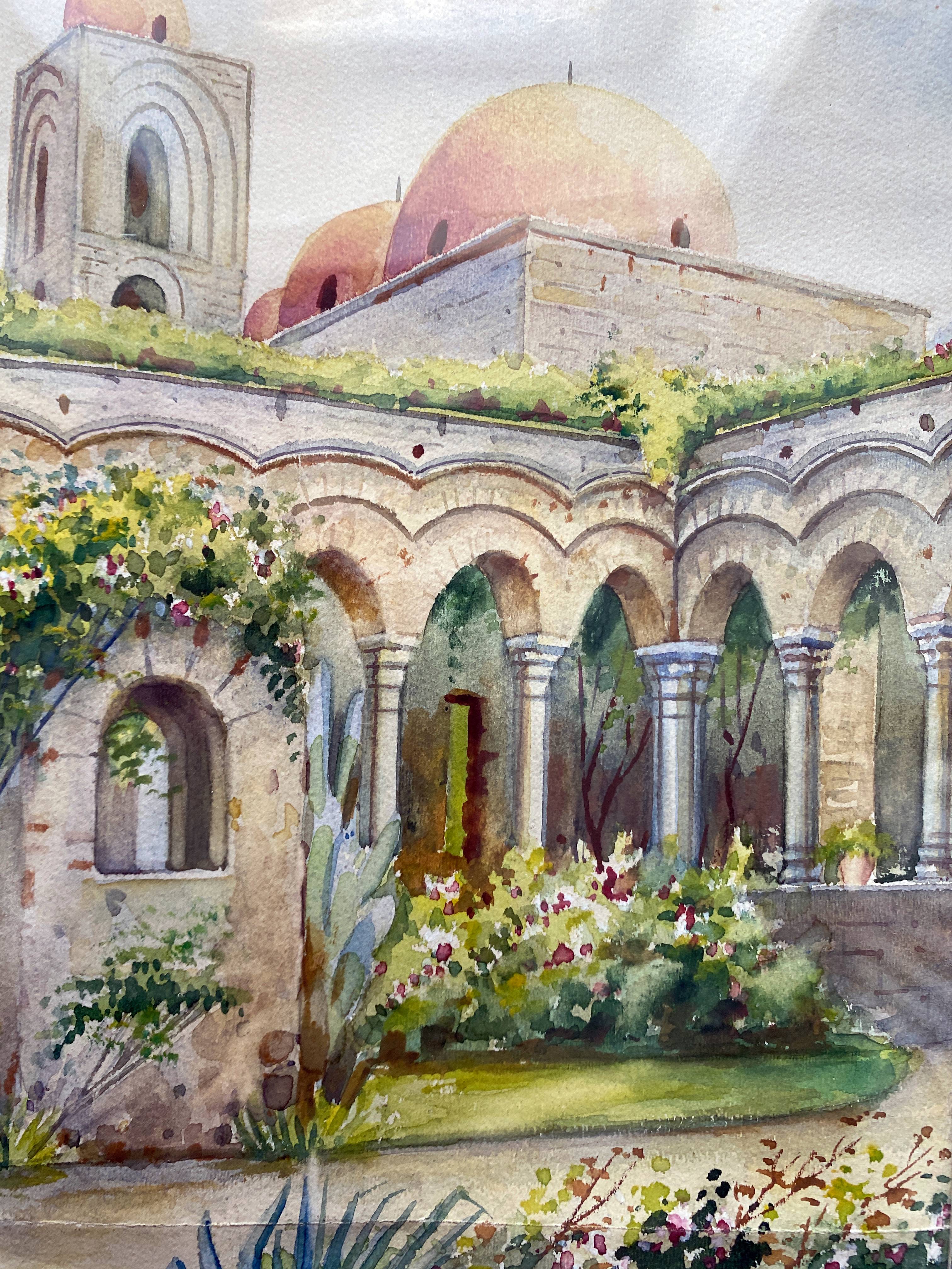 Orientalist watercolor painting "the Patio" signed + pitchpin frame