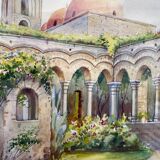 Orientalist watercolor painting "the Patio" signed + pitchpin frame