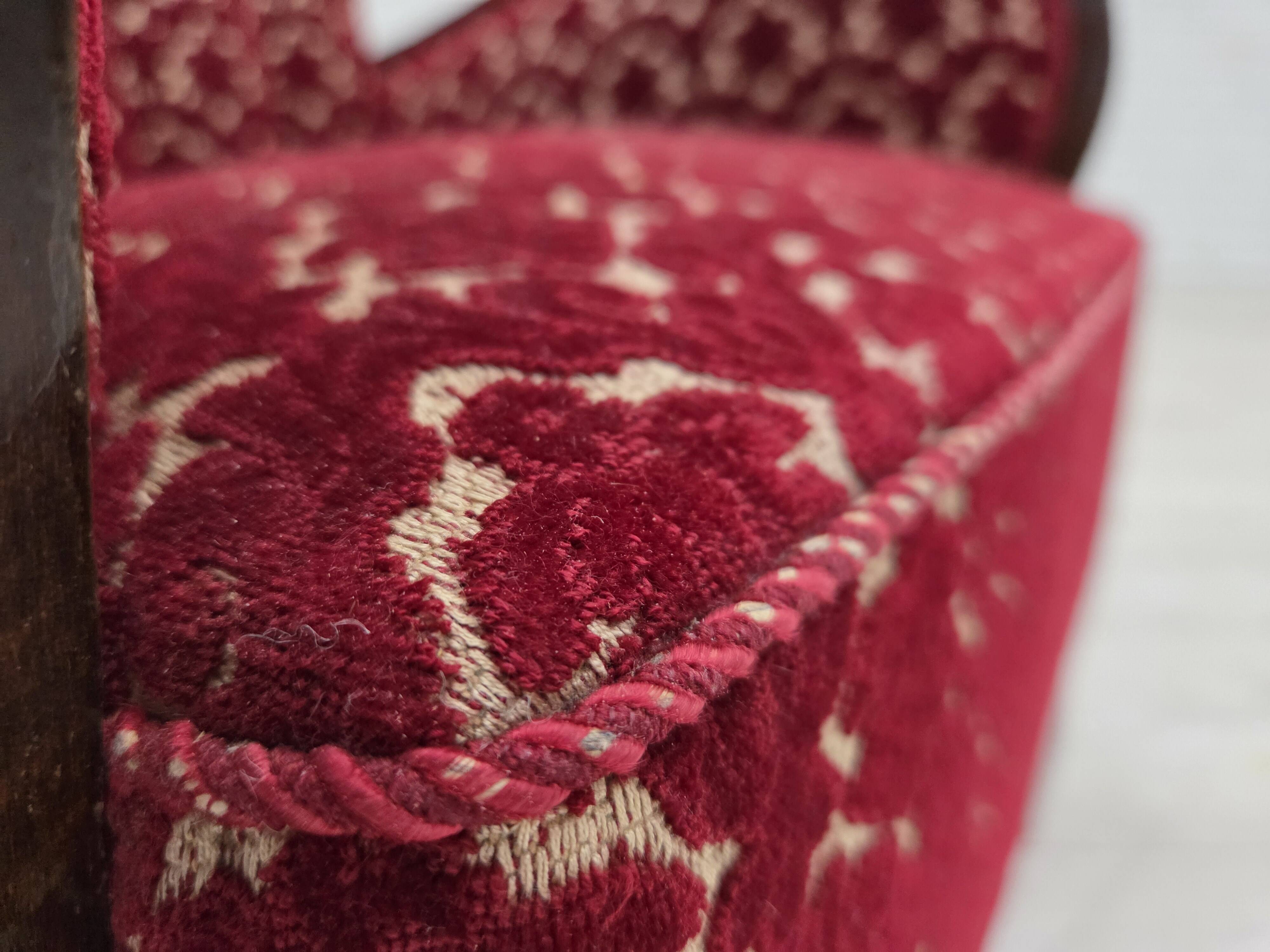 1960s, Danish armchair, cherry-red furniture velour, oak wood.