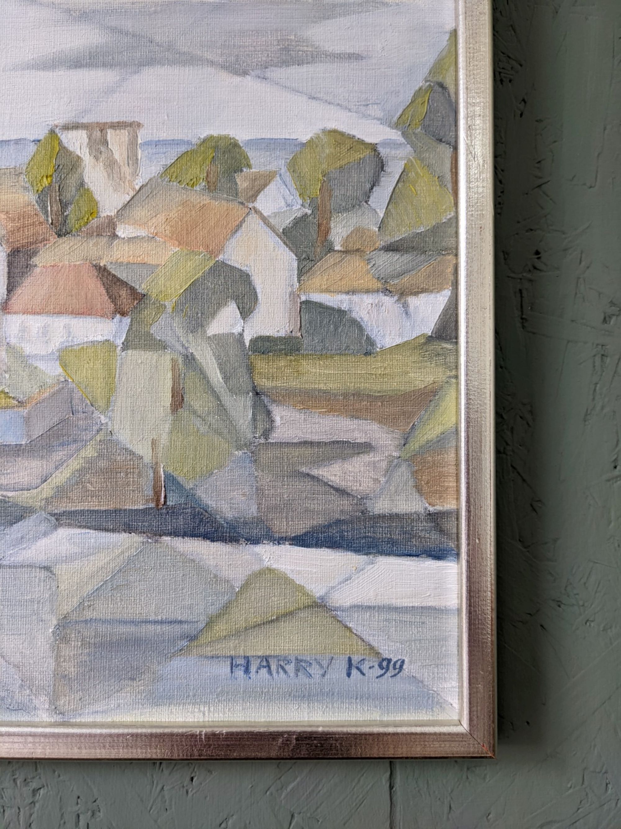 Framed Modernist Swedish Oil Painting "Cubist Coastal Town"